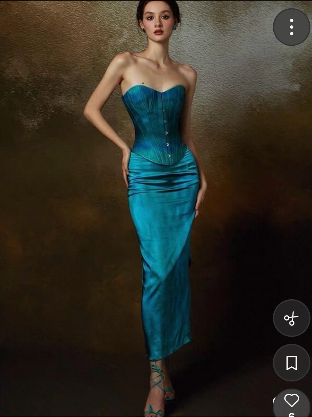 Strapless Teal Satin Corset Midi Dress